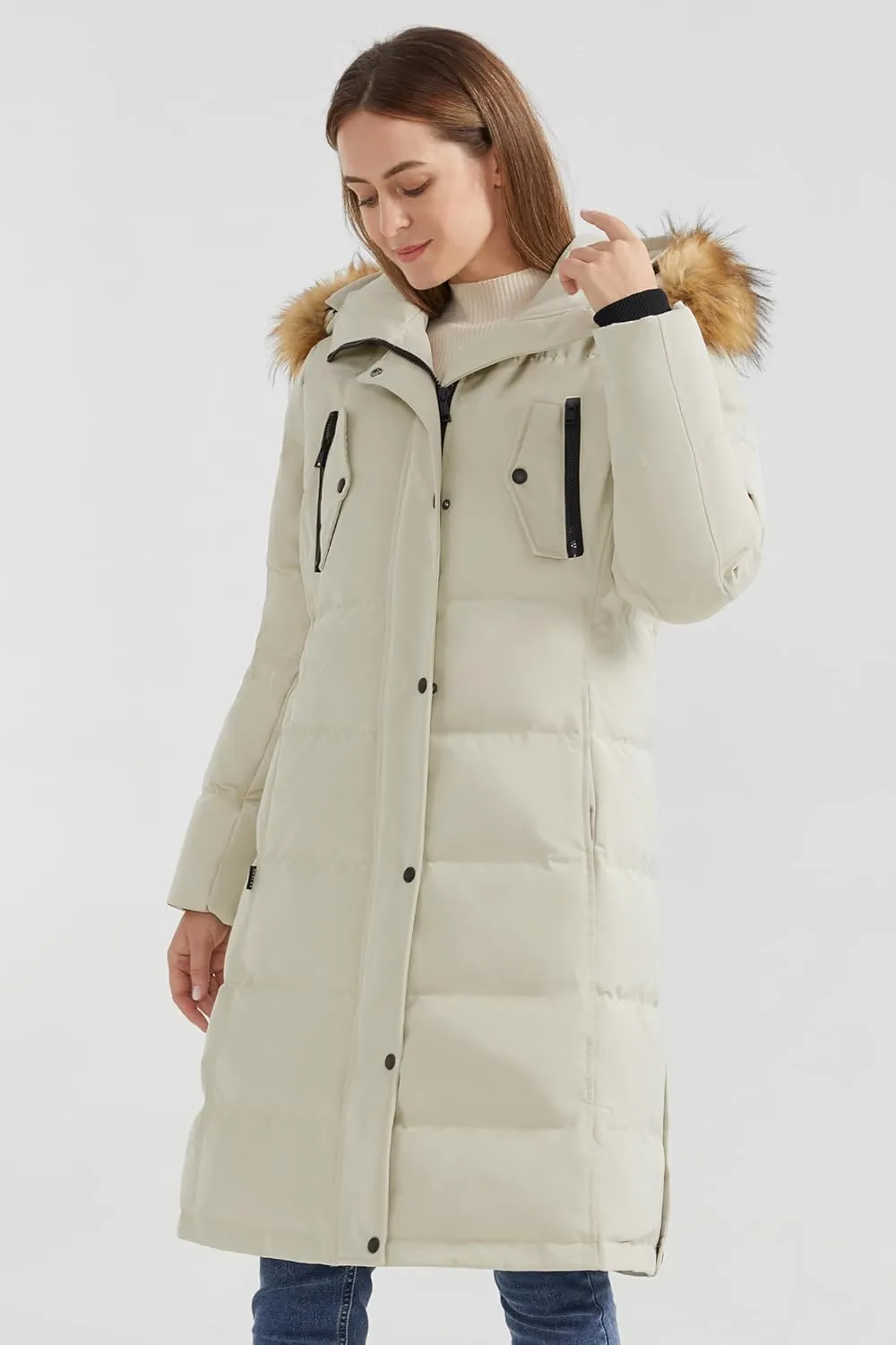 Orolay Women's Down Jacket Winter Long Coat Windproof Puffer Jacket with Fur Hood