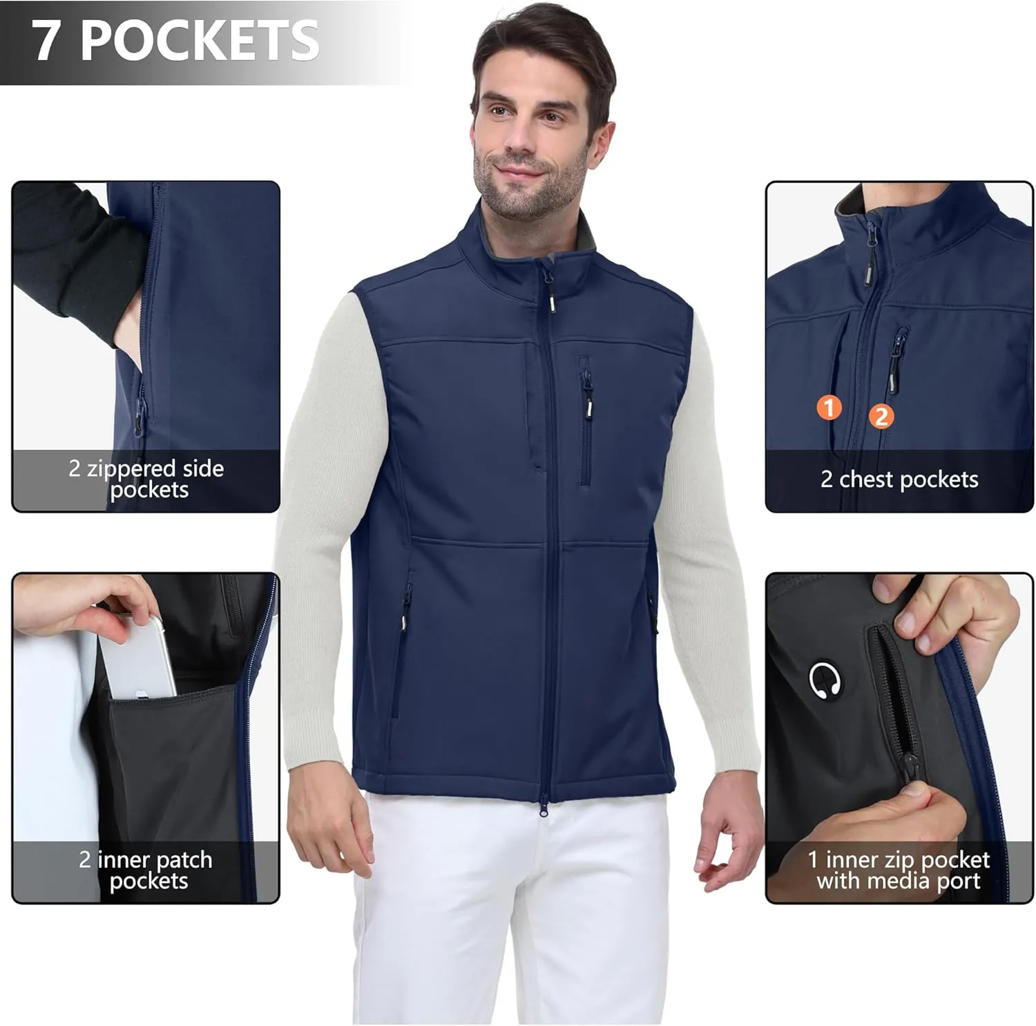 Outdoor Ventures Men's Running Vest Outerwear, Lightweight Windproof Fleece-Lined Softshell Sleeveless Jacket for Golf