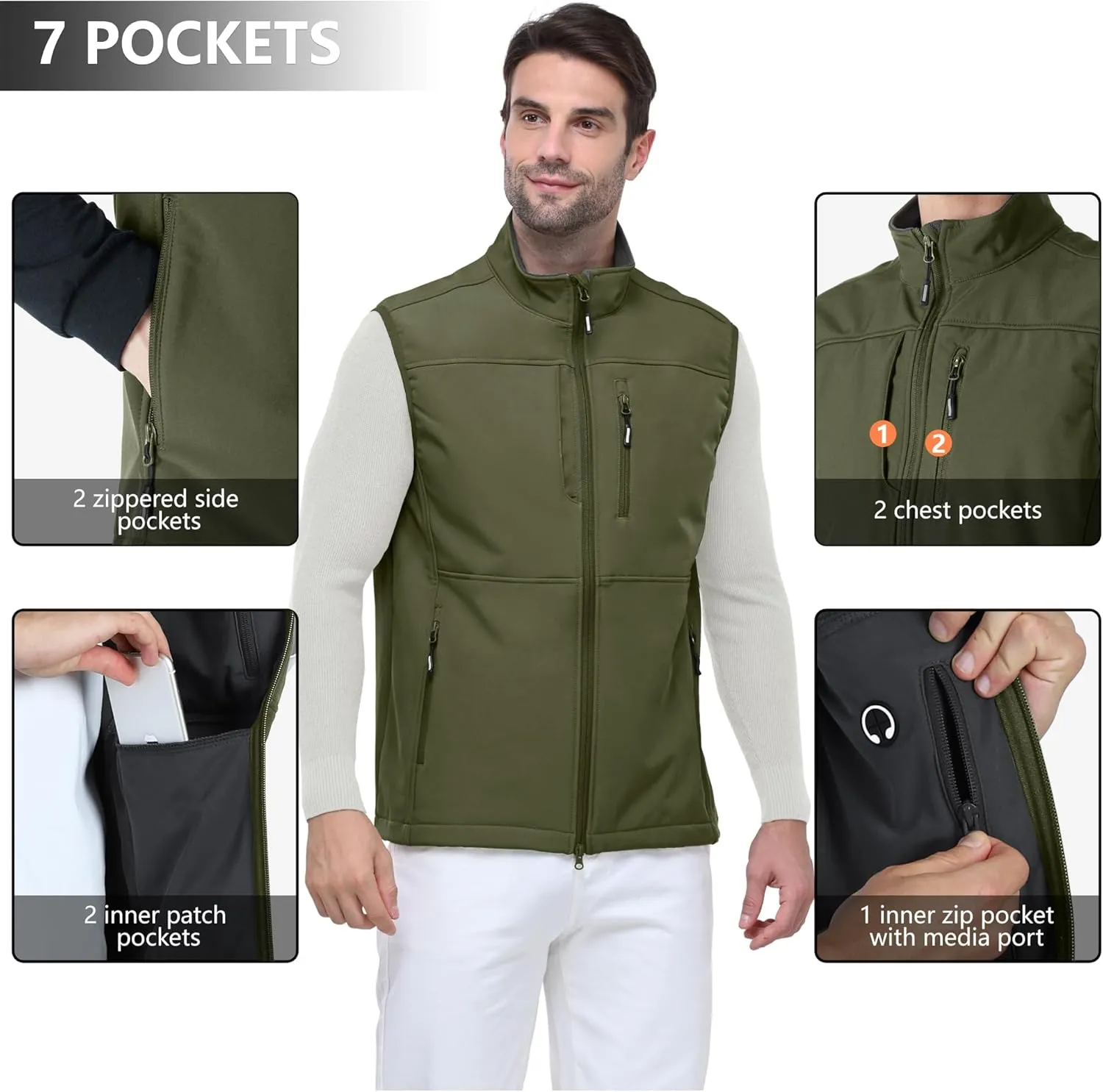 Outdoor Ventures Men's Running Vest Outerwear, Lightweight Windproof Fleece-Lined Softshell Sleeveless Jacket for Golf