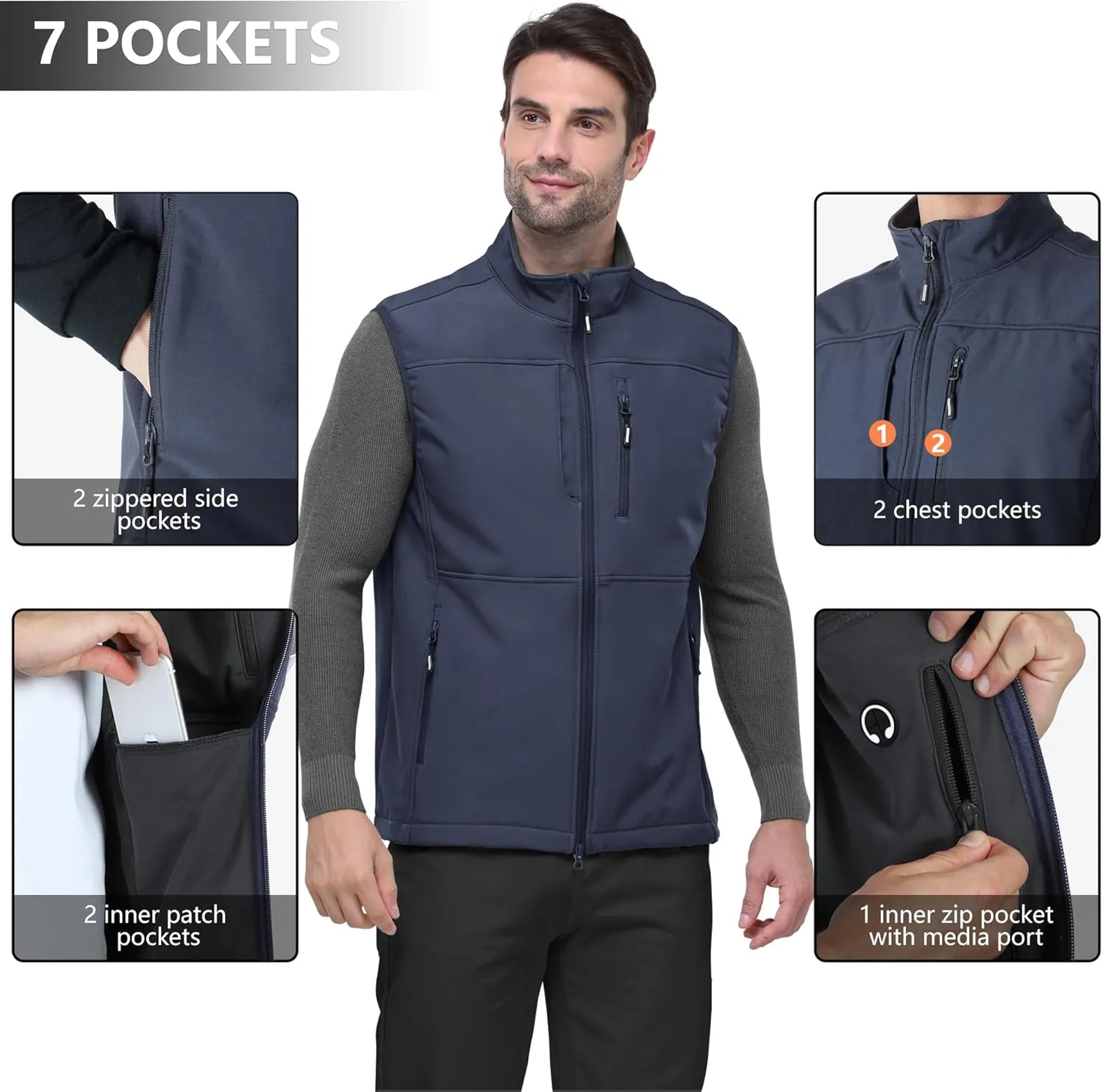 Outdoor Ventures Men's Running Vest Outerwear, Lightweight Windproof Fleece-Lined Softshell Sleeveless Jacket for Golf