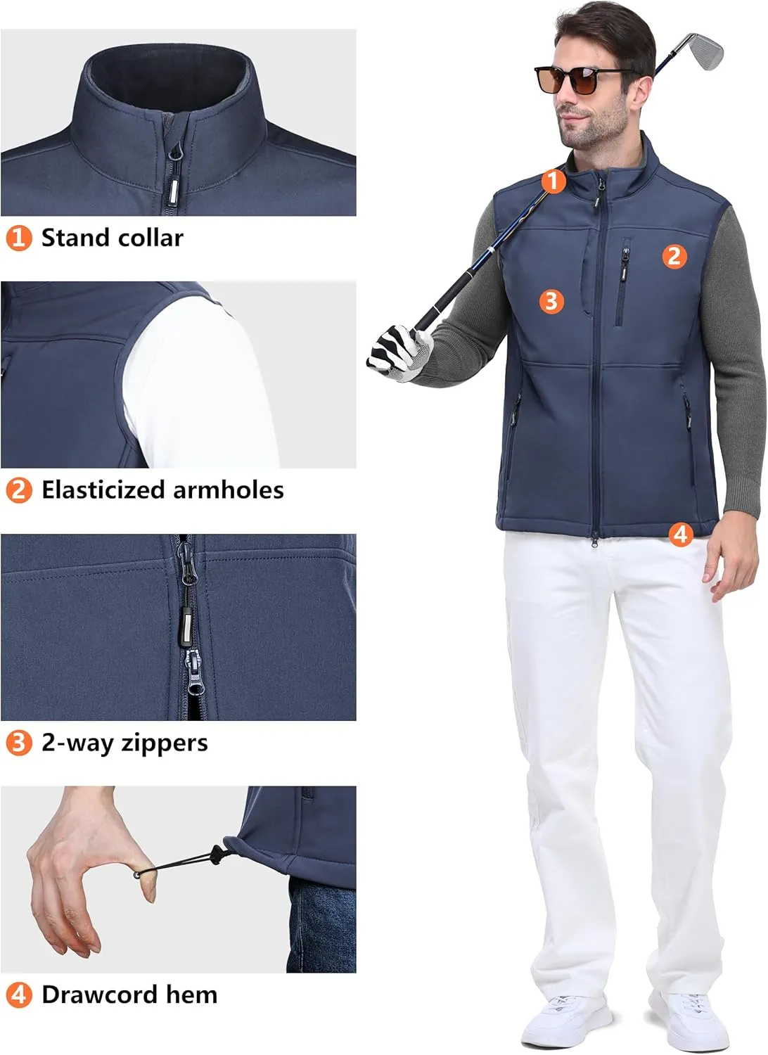 Outdoor Ventures Men's Running Vest Outerwear, Lightweight Windproof Fleece-Lined Softshell Sleeveless Jacket for Golf