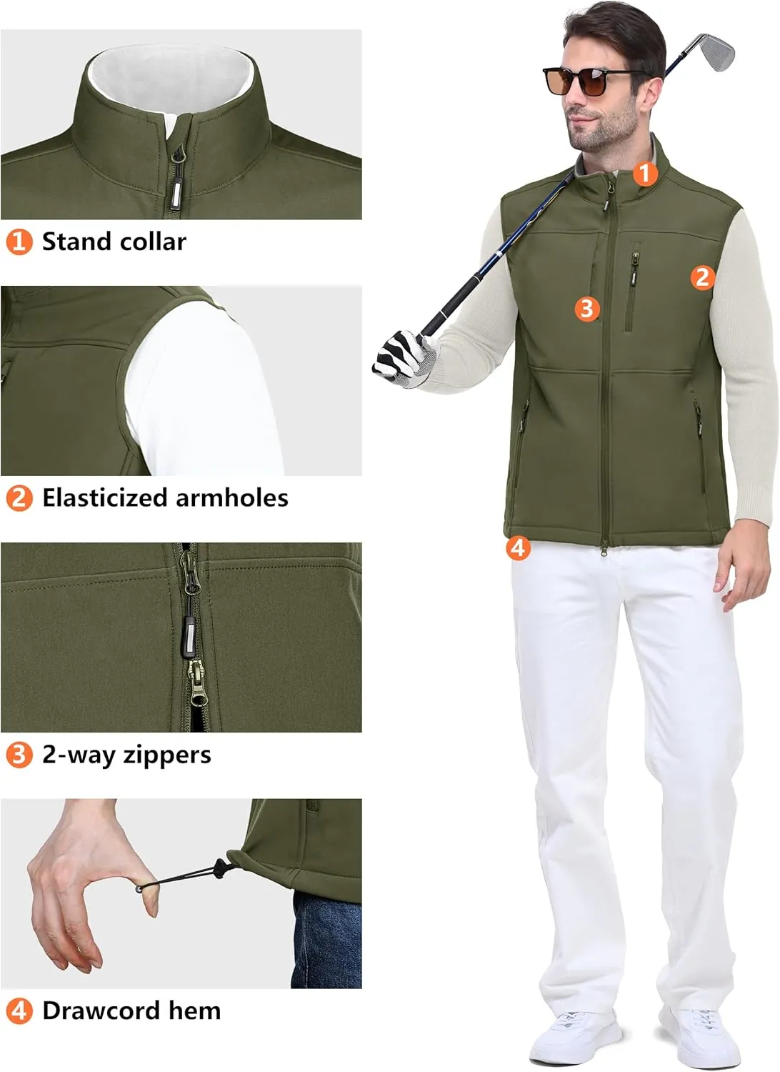 Outdoor Ventures Men's Running Vest Outerwear, Lightweight Windproof Fleece-Lined Softshell Sleeveless Jacket for Golf