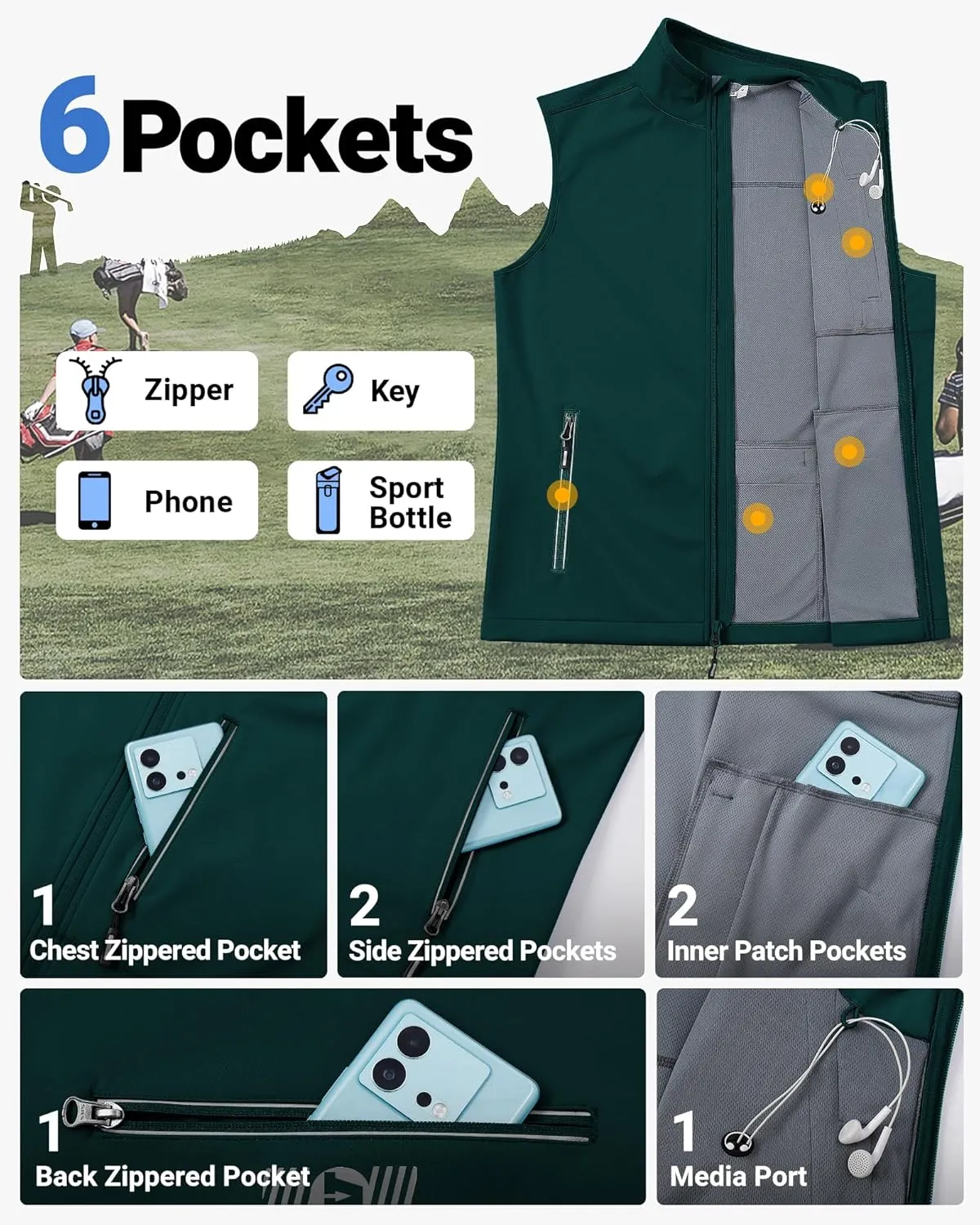 Outdoor Ventures Men's Windproof Softshell Vest Outerwear Lightweight Sleeveless Jacket for Running Golf Hiking Travel