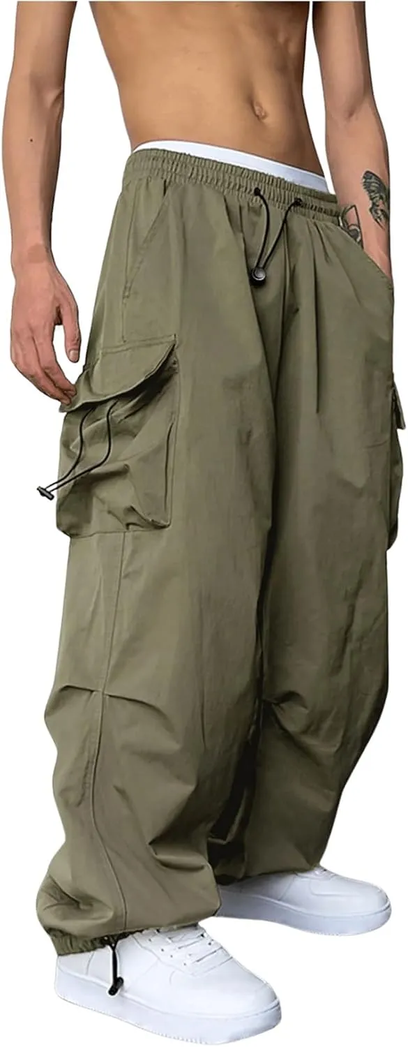 OYOANGLE Men's Cargo Pants Elastic Waist Flap Pockets Hip Hop Baggy Harem Pants