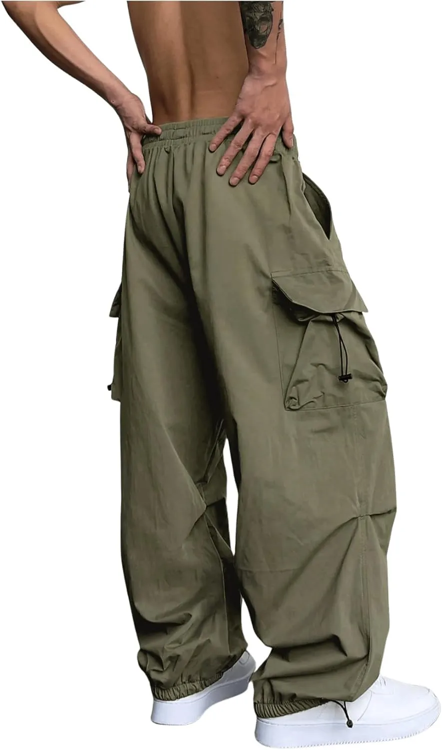 OYOANGLE Men's Cargo Pants Elastic Waist Flap Pockets Hip Hop Baggy Harem Pants