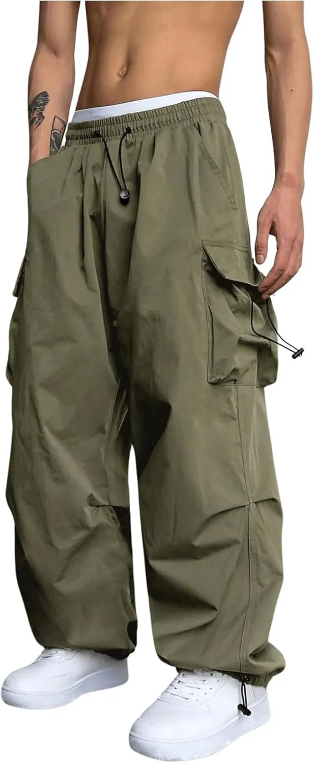 OYOANGLE Men's Cargo Pants Elastic Waist Flap Pockets Hip Hop Baggy Harem Pants
