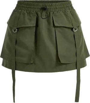 OYOANGLE Women's Drawstring High Waist Mini Cargo Skorts Flap Pocket Y2K Casual Shorts