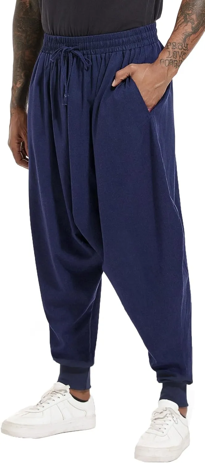 PACEIADTA Mens Casual Harem Pants Baggy Aladdin Hippie Elastic Waist Drop Crotch Trousers