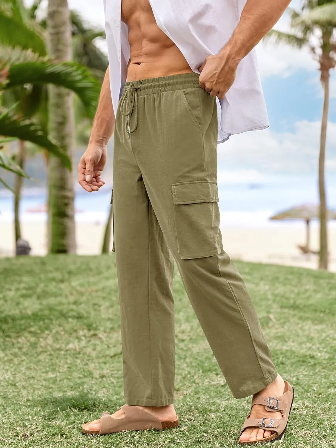 PASLTER Mens Linen Cargo Pants Lightweight Elastic Waist Drawstring Casual Loose Summer Beach Yoga Pants with Pockets