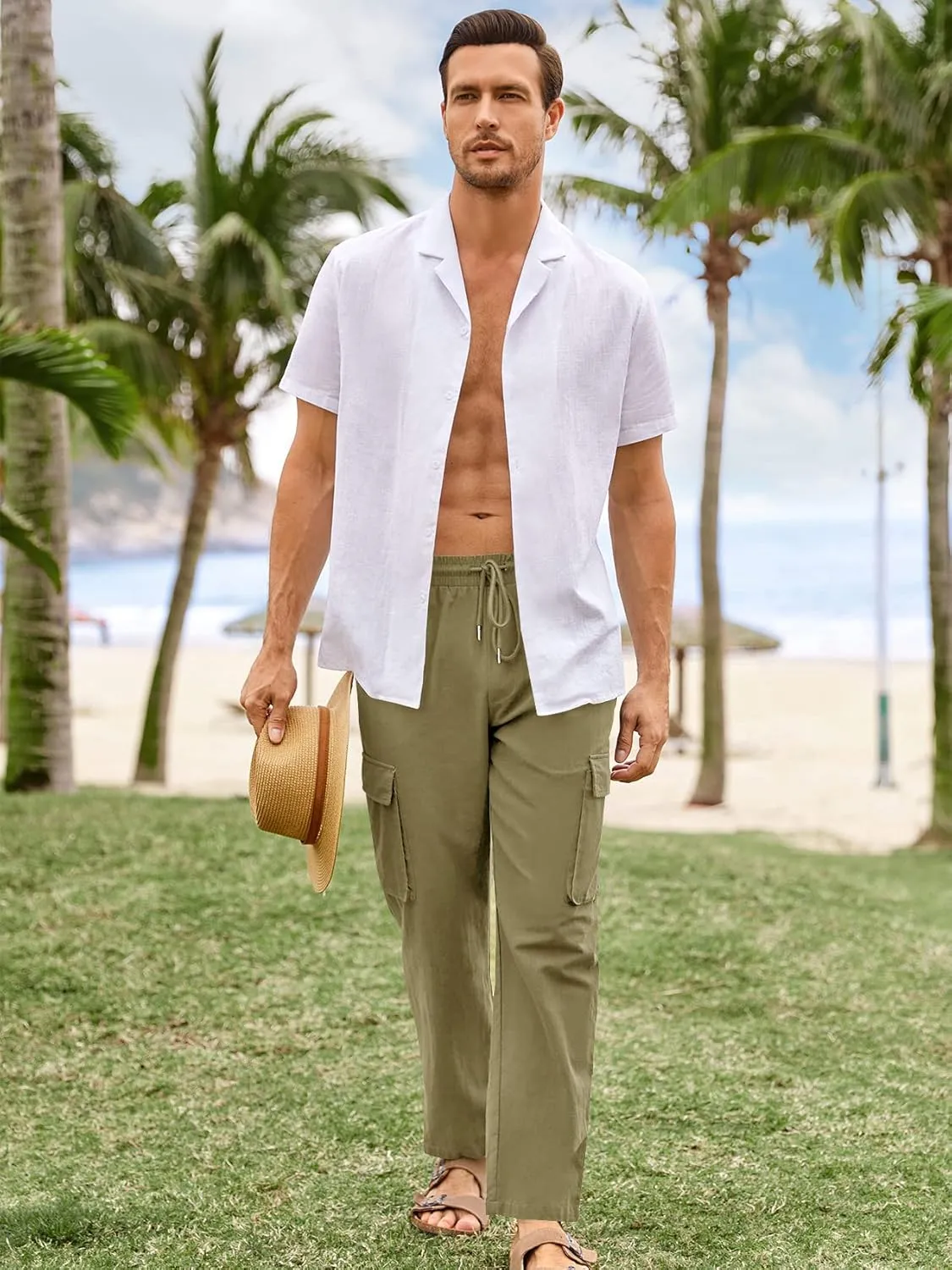 PASLTER Mens Linen Cargo Pants Lightweight Elastic Waist Drawstring Casual Loose Summer Beach Yoga Pants with Pockets
