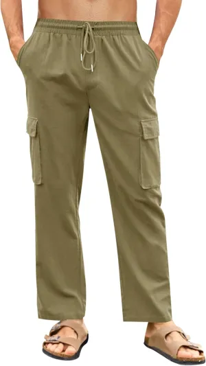 PASLTER Mens Linen Cargo Pants Lightweight Elastic Waist Drawstring Casual Loose Summer Beach Yoga Pants with Pockets