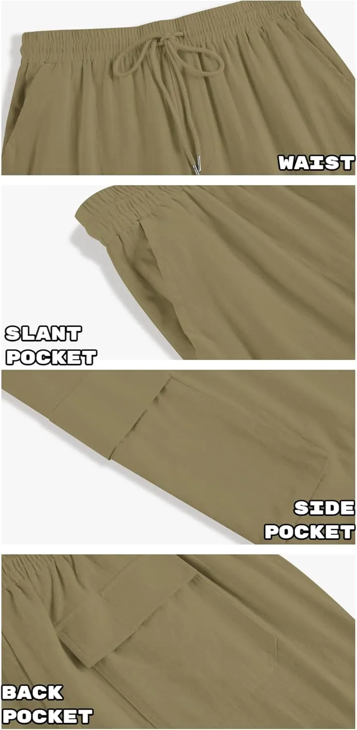 PASLTER Mens Linen Cargo Pants Lightweight Elastic Waist Drawstring Casual Loose Summer Beach Yoga Pants with Pockets