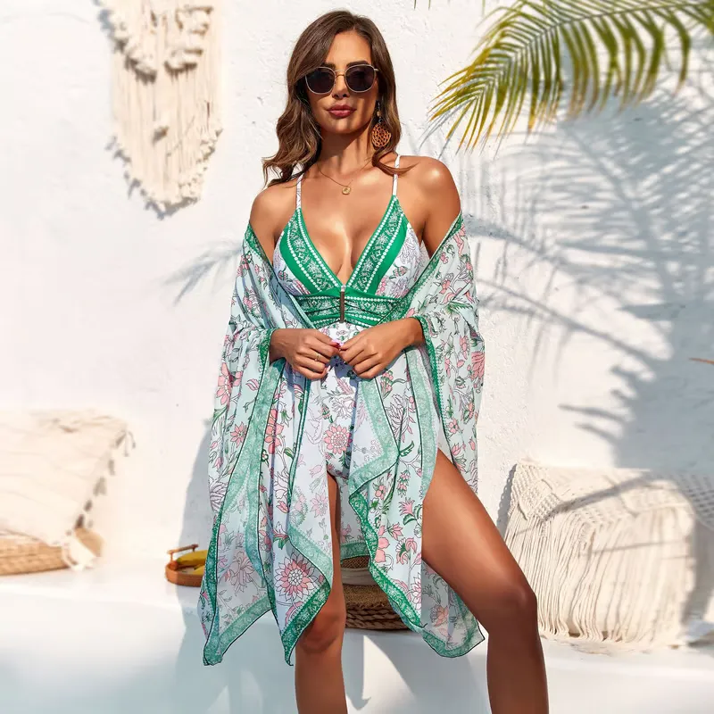 Peggy - Deep V Neck Printed Two-Piece Swimsuit Set