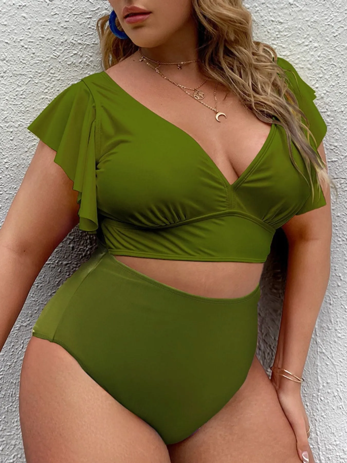 Plus Size Colorblock Tropical Print High Waisted Bikini Ruffle Sleeve Two Piece Swimsuit