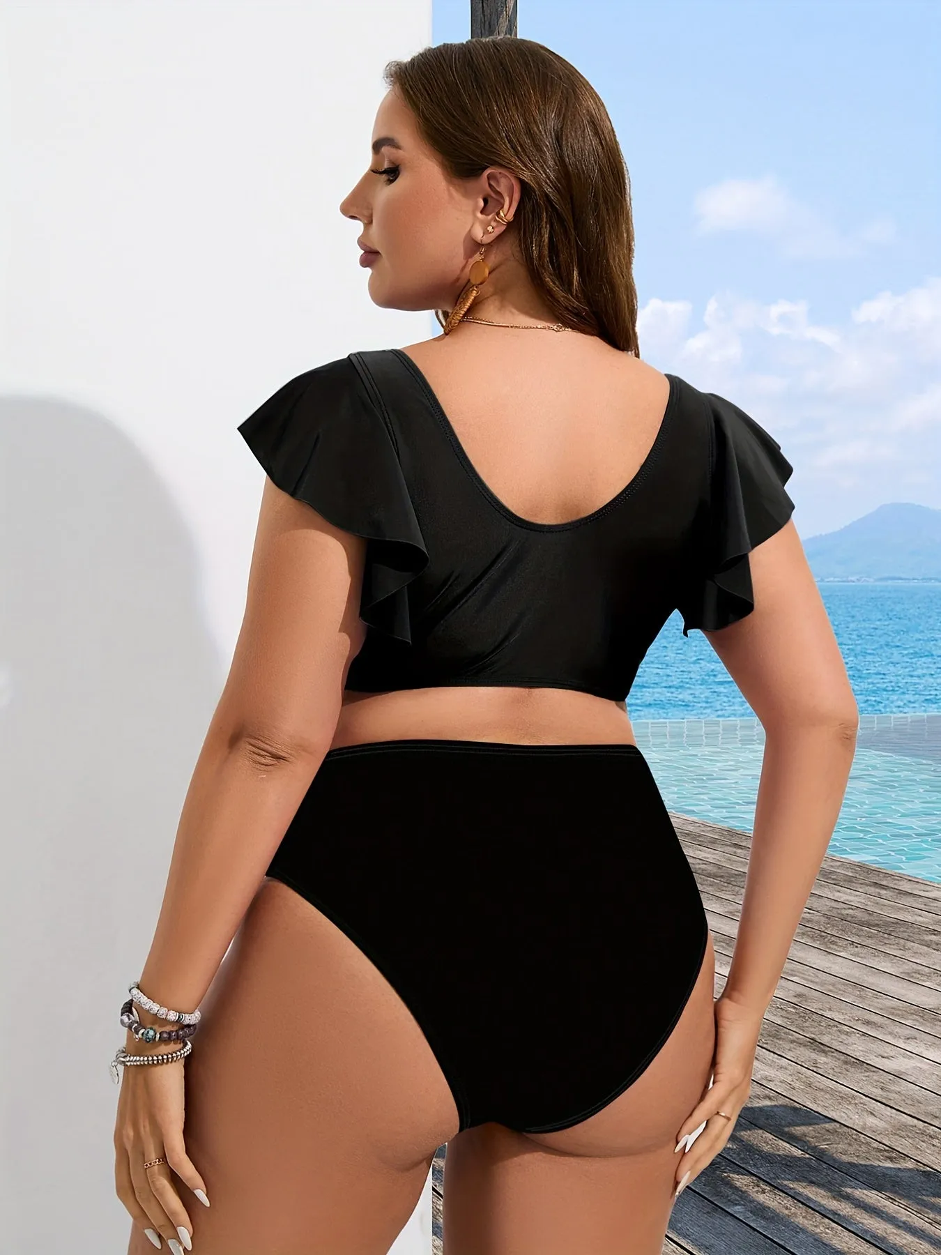 Plus Size Colorblock Tropical Print High Waisted Bikini Ruffle Sleeve Two Piece Swimsuit