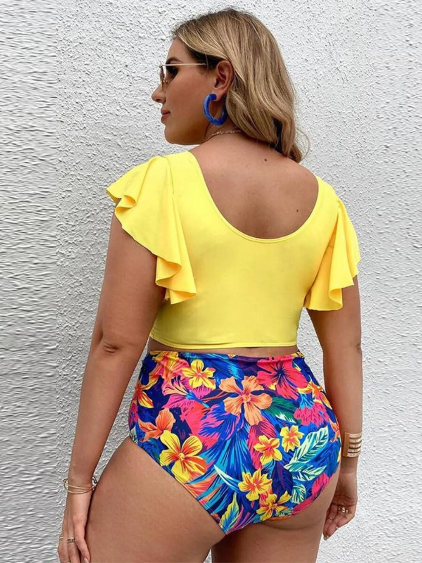 Plus Size Colorblock Tropical Print High Waisted Bikini Ruffle Sleeve Two Piece Swimsuit