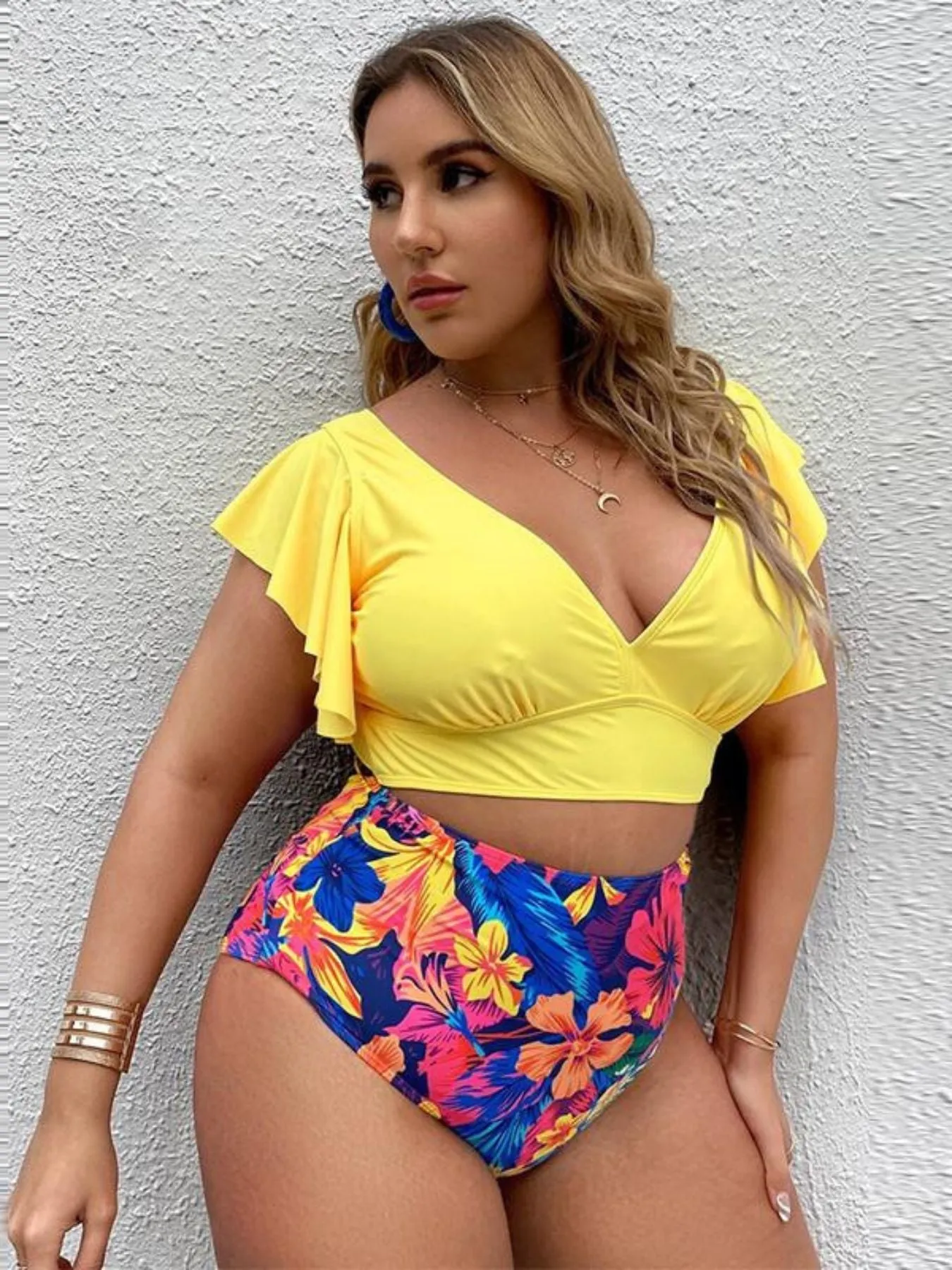 Plus Size Colorblock Tropical Print High Waisted Bikini Ruffle Sleeve Two Piece Swimsuit