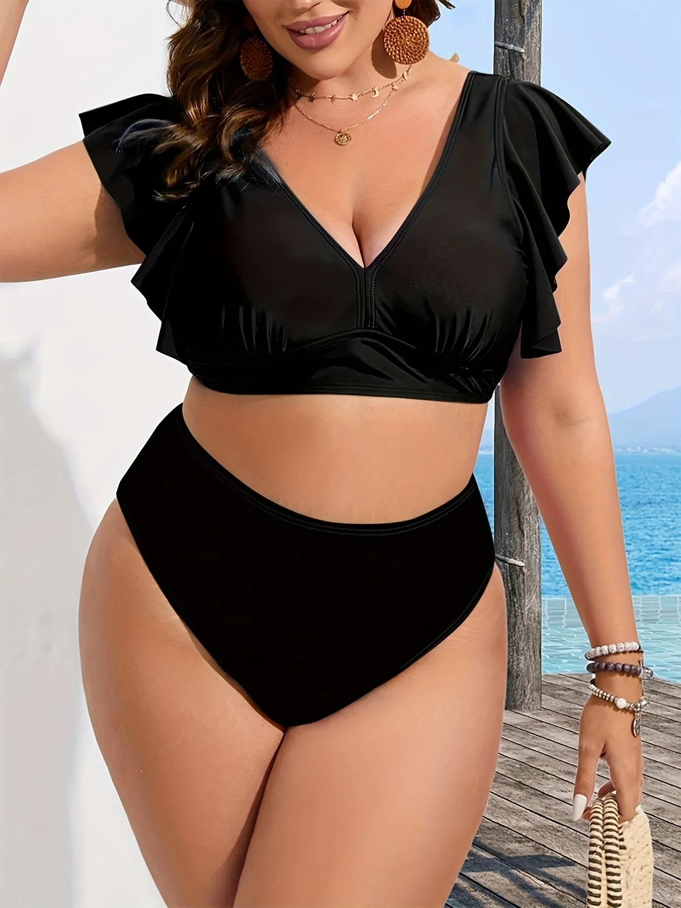 Plus Size Colorblock Tropical Print High Waisted Bikini Ruffle Sleeve Two Piece Swimsuit