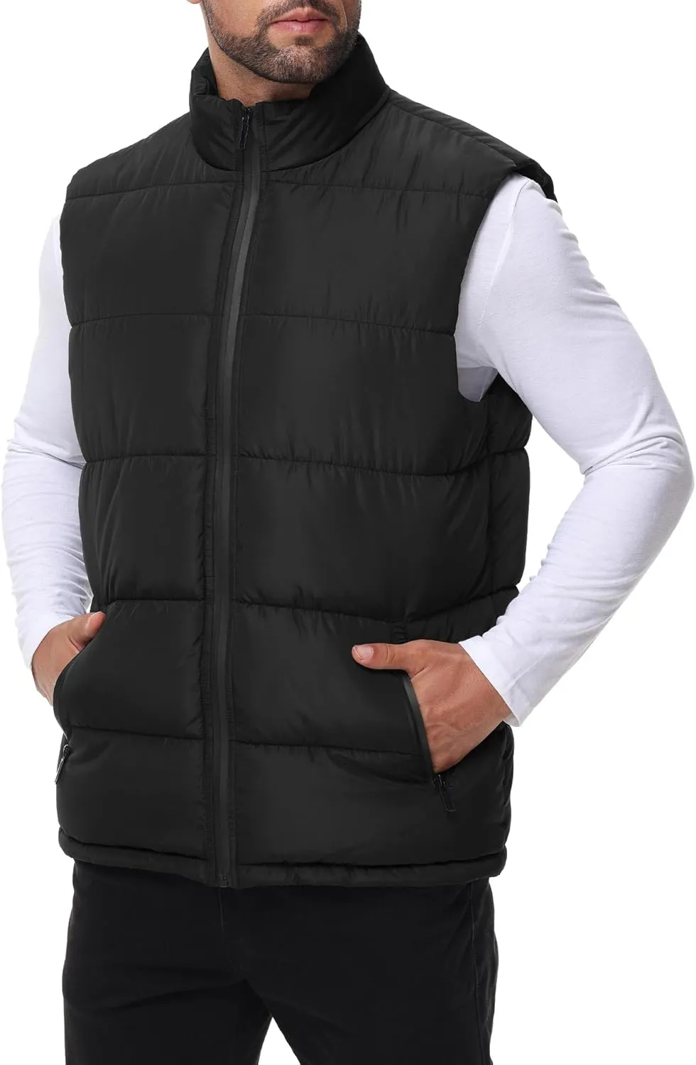 Polu Men's Water-Resistant Puffer Vest Sleeveless Jacket Stand Collar Zipper Winter Warm Outerwear with 3 Pockets