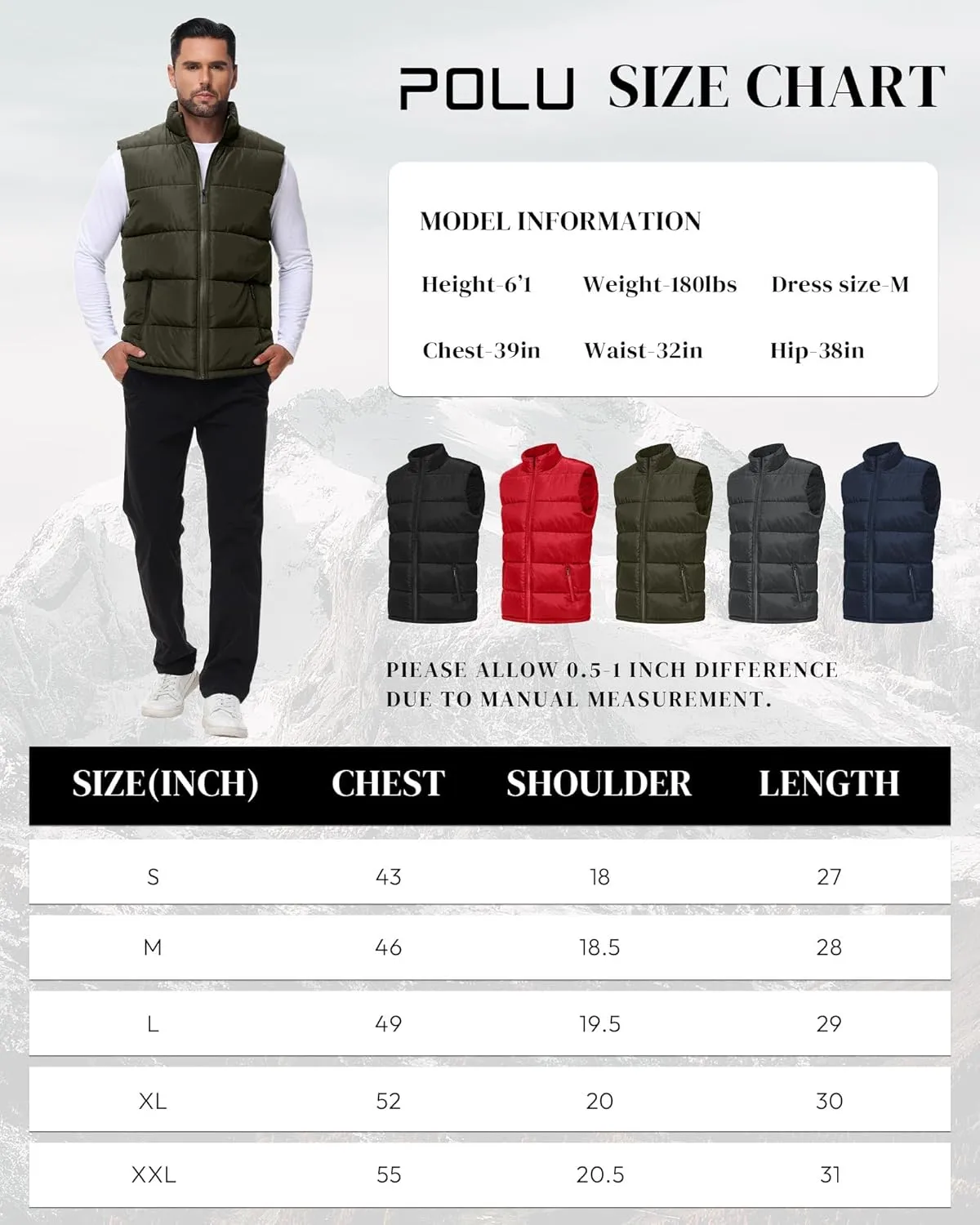 Polu Men's Water-Resistant Puffer Vest Sleeveless Jacket Stand Collar Zipper Winter Warm Outerwear with 3 Pockets