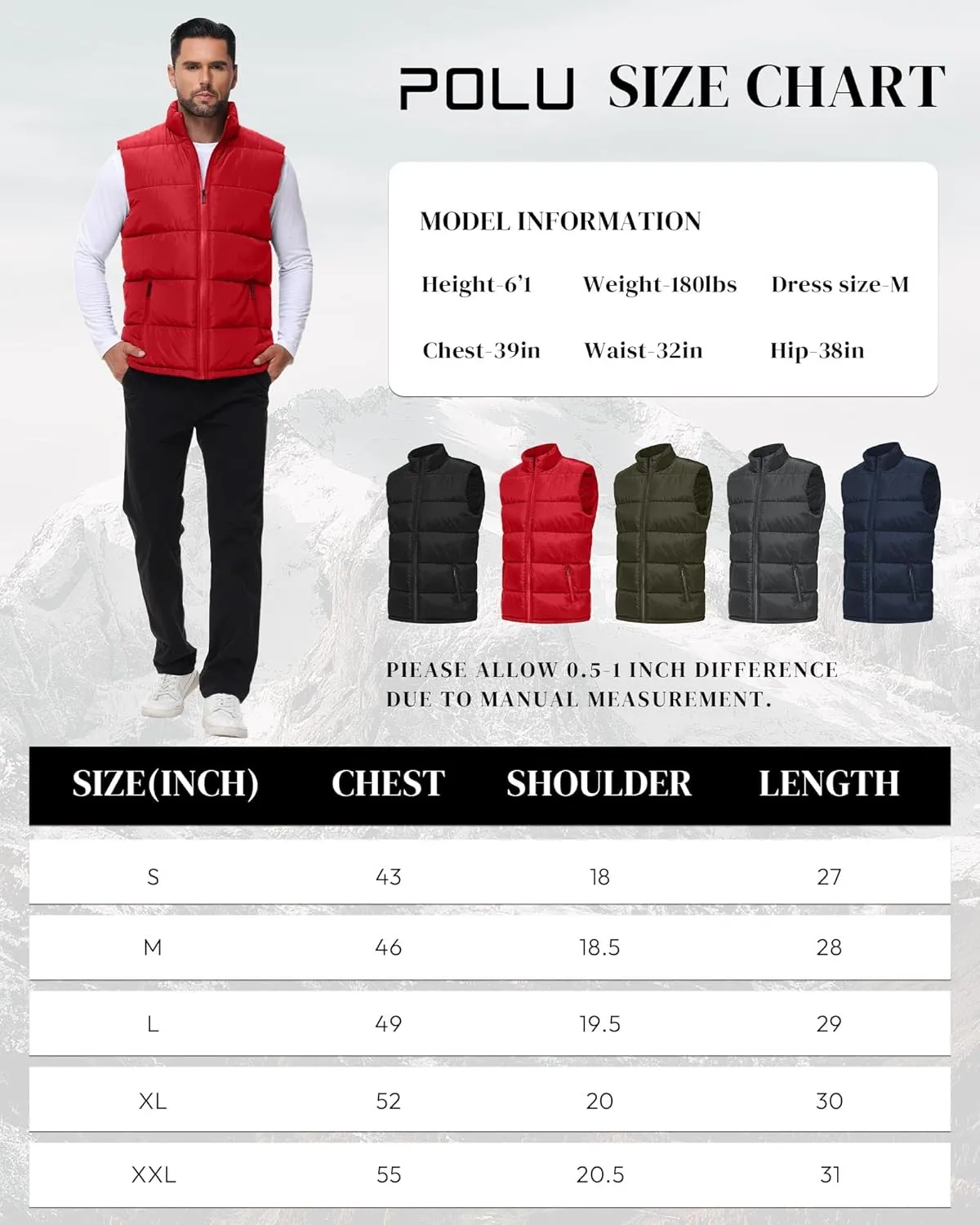 Polu Men's Water-Resistant Puffer Vest Sleeveless Jacket Stand Collar Zipper Winter Warm Outerwear with 3 Pockets