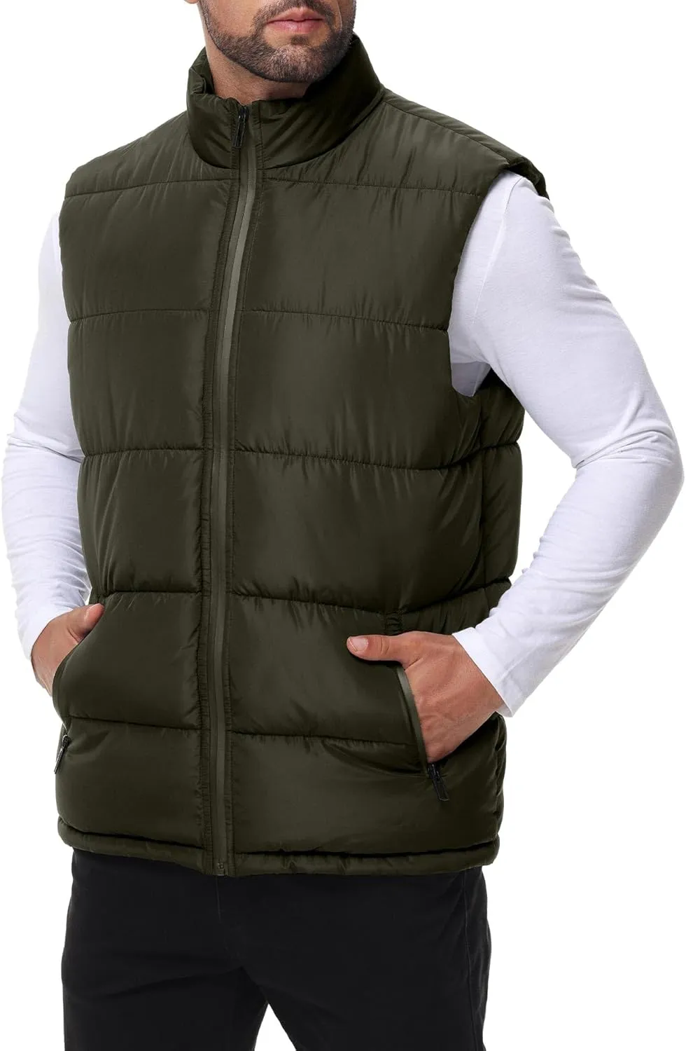 Polu Men's Water-Resistant Puffer Vest Sleeveless Jacket Stand Collar Zipper Winter Warm Outerwear with 3 Pockets