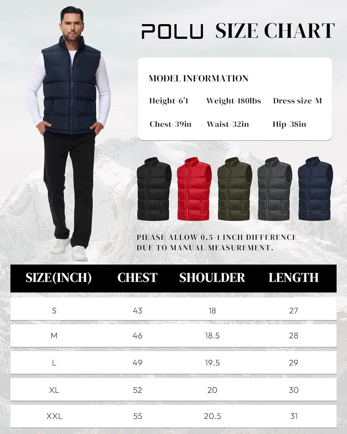 Polu Men's Water-Resistant Puffer Vest Sleeveless Jacket Stand Collar Zipper Winter Warm Outerwear with 3 Pockets