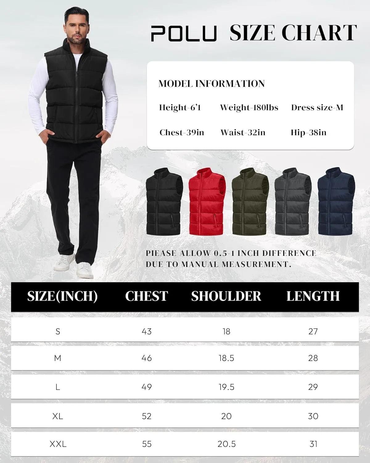 Polu Men's Water-Resistant Puffer Vest Sleeveless Jacket Stand Collar Zipper Winter Warm Outerwear with 3 Pockets