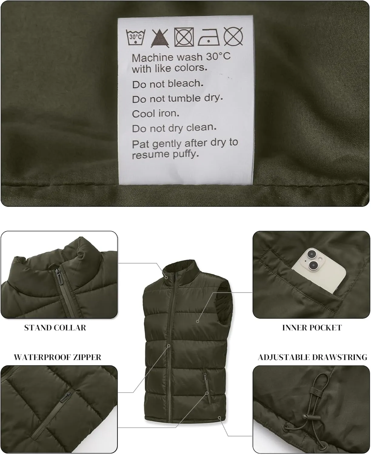 Polu Men's Water-Resistant Puffer Vest Sleeveless Jacket Stand Collar Zipper Winter Warm Outerwear with 3 Pockets