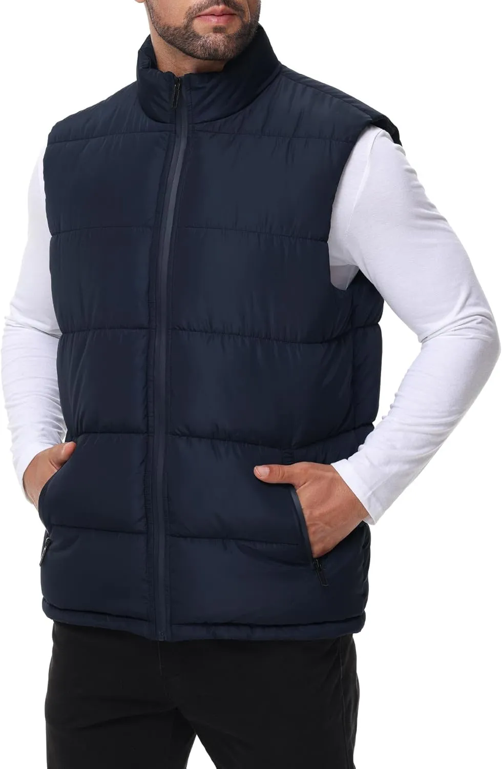 Polu Men's Water-Resistant Puffer Vest Sleeveless Jacket Stand Collar Zipper Winter Warm Outerwear with 3 Pockets