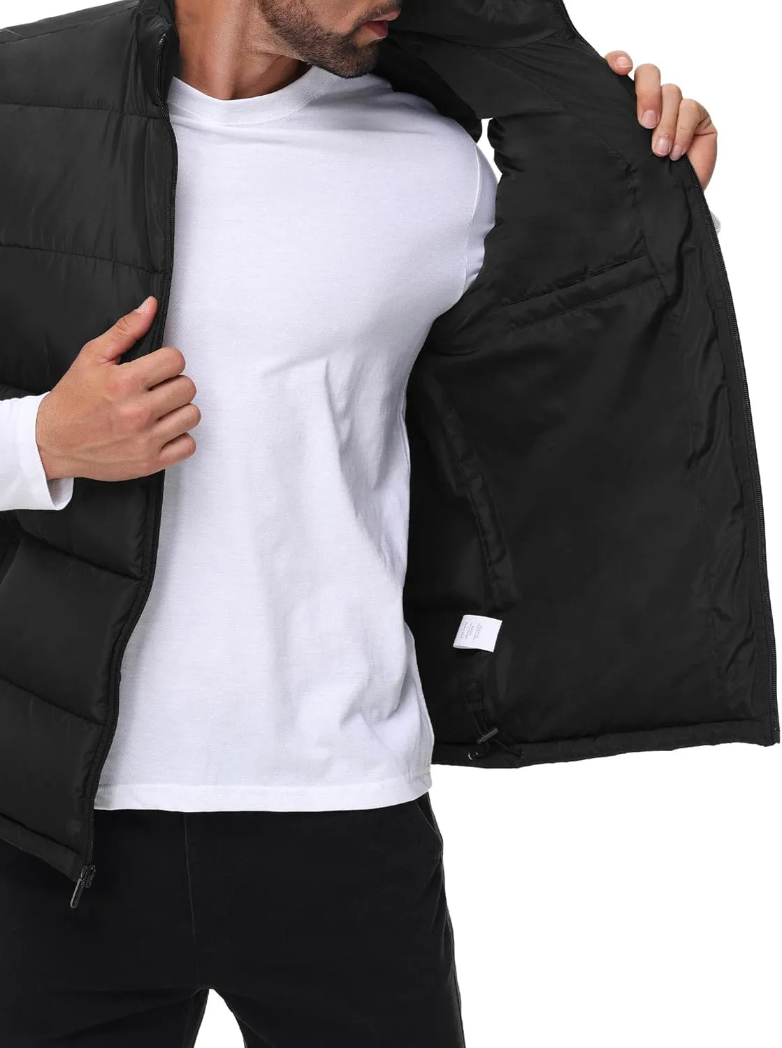 Polu Men's Water-Resistant Puffer Vest Sleeveless Jacket Stand Collar Zipper Winter Warm Outerwear with 3 Pockets