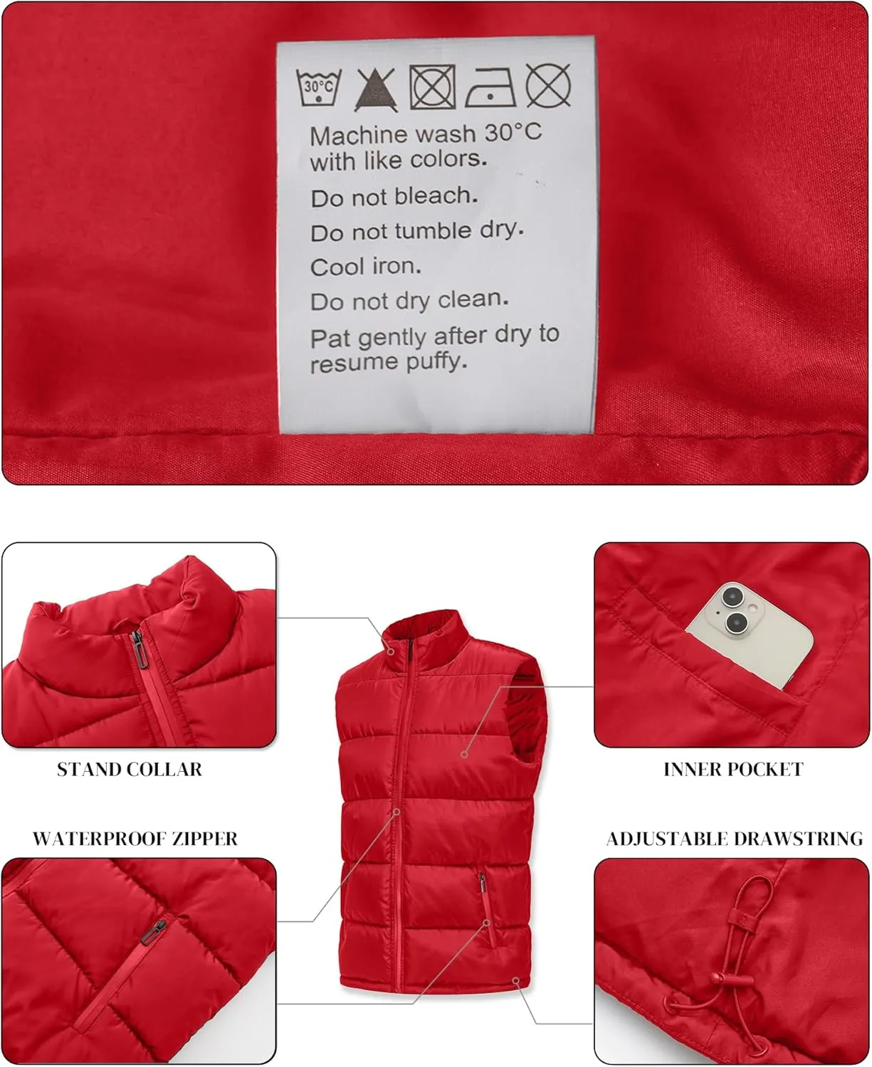 Polu Men's Water-Resistant Puffer Vest Sleeveless Jacket Stand Collar Zipper Winter Warm Outerwear with 3 Pockets