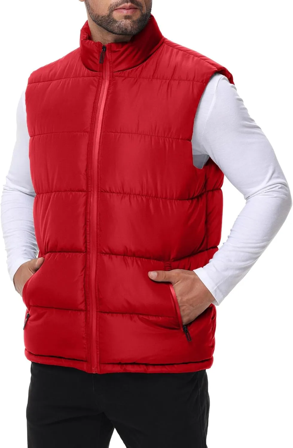 Polu Men's Water-Resistant Puffer Vest Sleeveless Jacket Stand Collar Zipper Winter Warm Outerwear with 3 Pockets