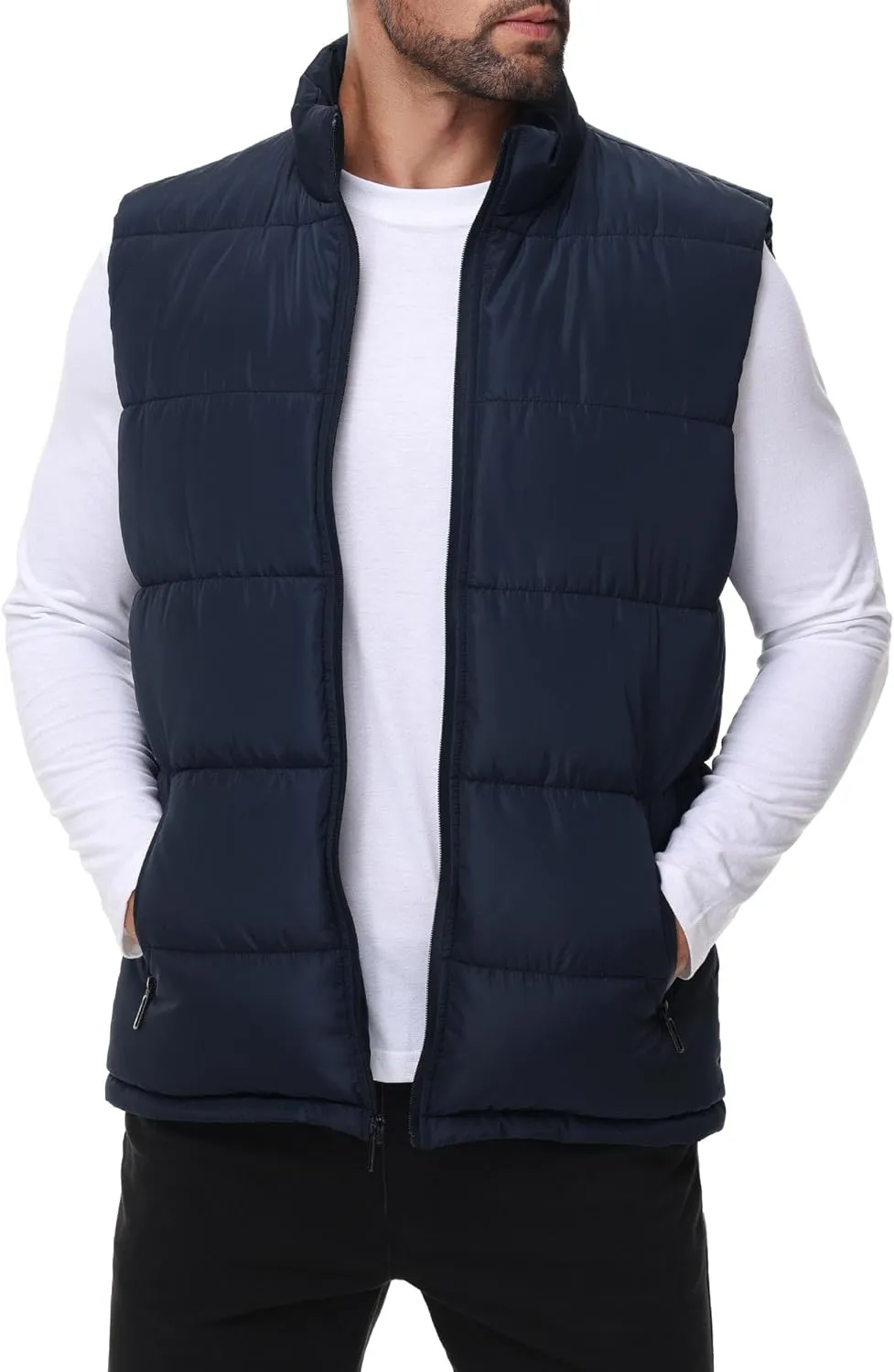 Polu Men's Water-Resistant Puffer Vest Sleeveless Jacket Stand Collar Zipper Winter Warm Outerwear with 3 Pockets