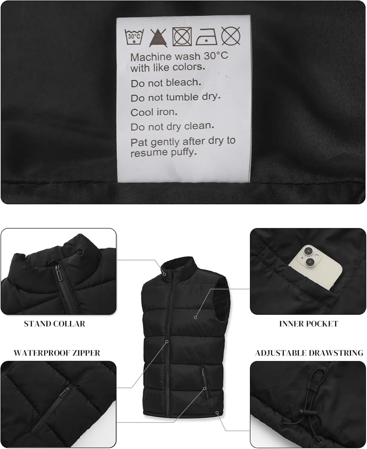 Polu Men's Water-Resistant Puffer Vest Sleeveless Jacket Stand Collar Zipper Winter Warm Outerwear with 3 Pockets