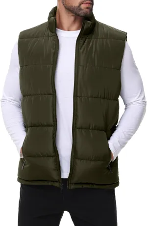 Polu Men's Water-Resistant Puffer Vest Sleeveless Jacket Stand Collar Zipper Winter Warm Outerwear with 3 Pockets