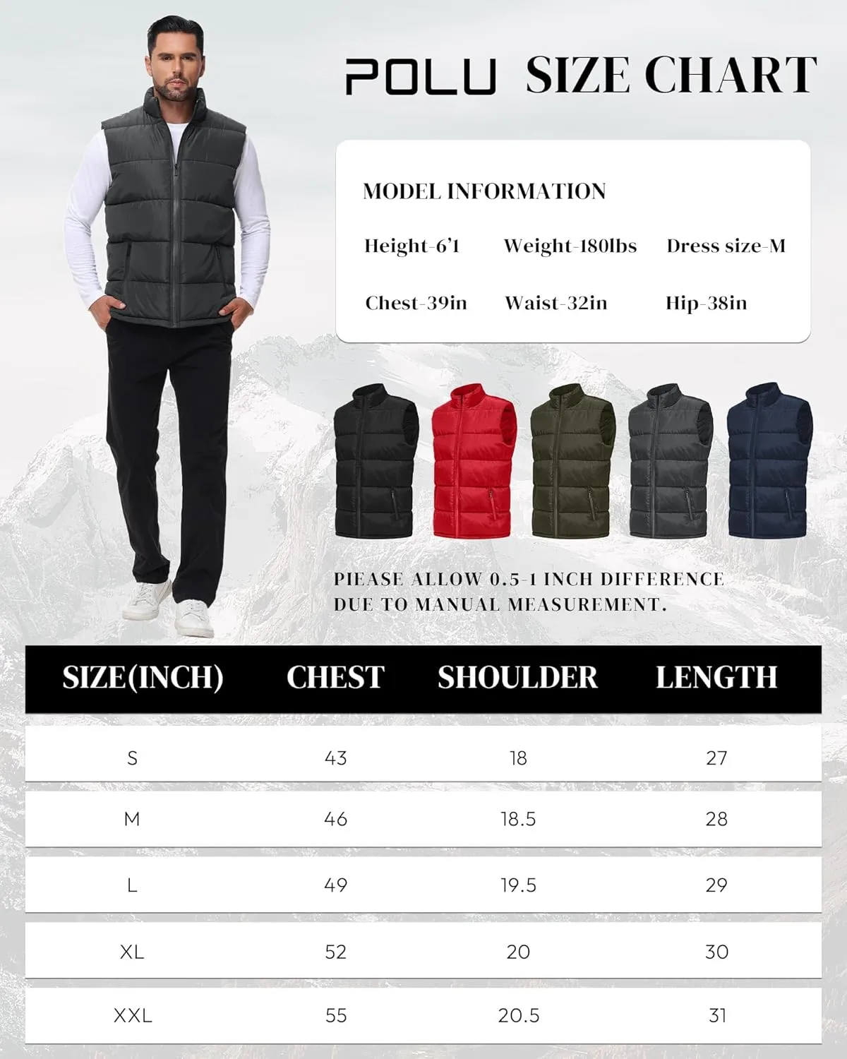 Polu Men's Water-Resistant Puffer Vest Sleeveless Jacket Stand Collar Zipper Winter Warm Outerwear with 3 Pockets