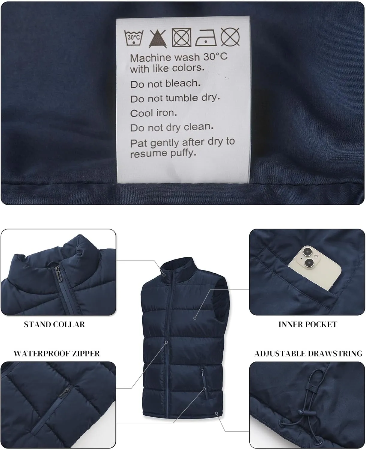 Polu Men's Water-Resistant Puffer Vest Sleeveless Jacket Stand Collar Zipper Winter Warm Outerwear with 3 Pockets