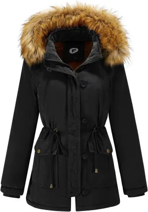 poonyfesh Women's Winter Coat Warm Fleece Line Parka Jacket with Fur Hood Windproof Thicken Outerwear