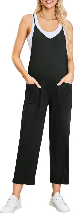POSHGLAM Women's Maternity Jumpsuits Sleeveless V Neck Adjustable Spaghetti Strap Loose Straight Overalls Stretchy Rompers