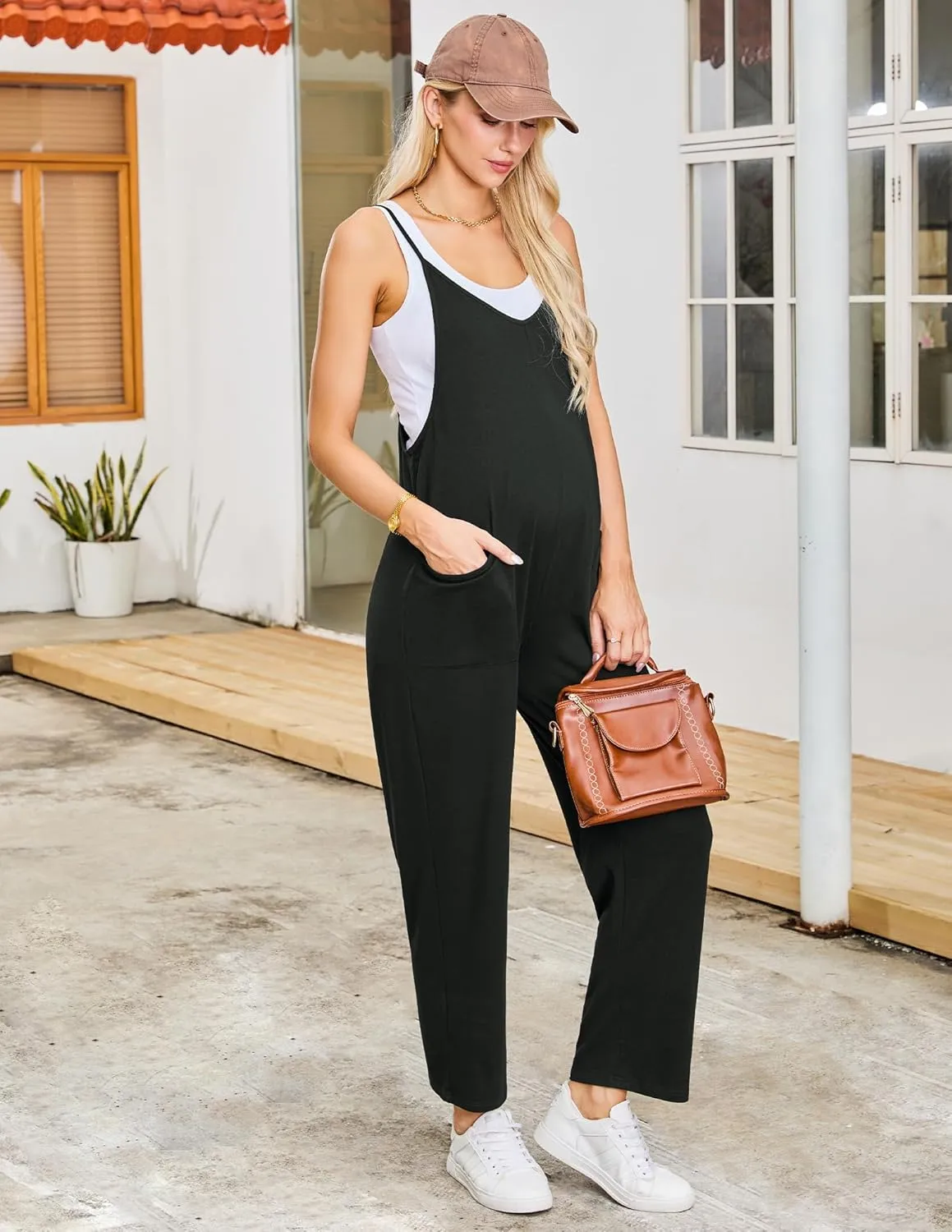 POSHGLAM Women's Maternity Jumpsuits Sleeveless V Neck Adjustable Spaghetti Strap Loose Straight Overalls Stretchy Rompers