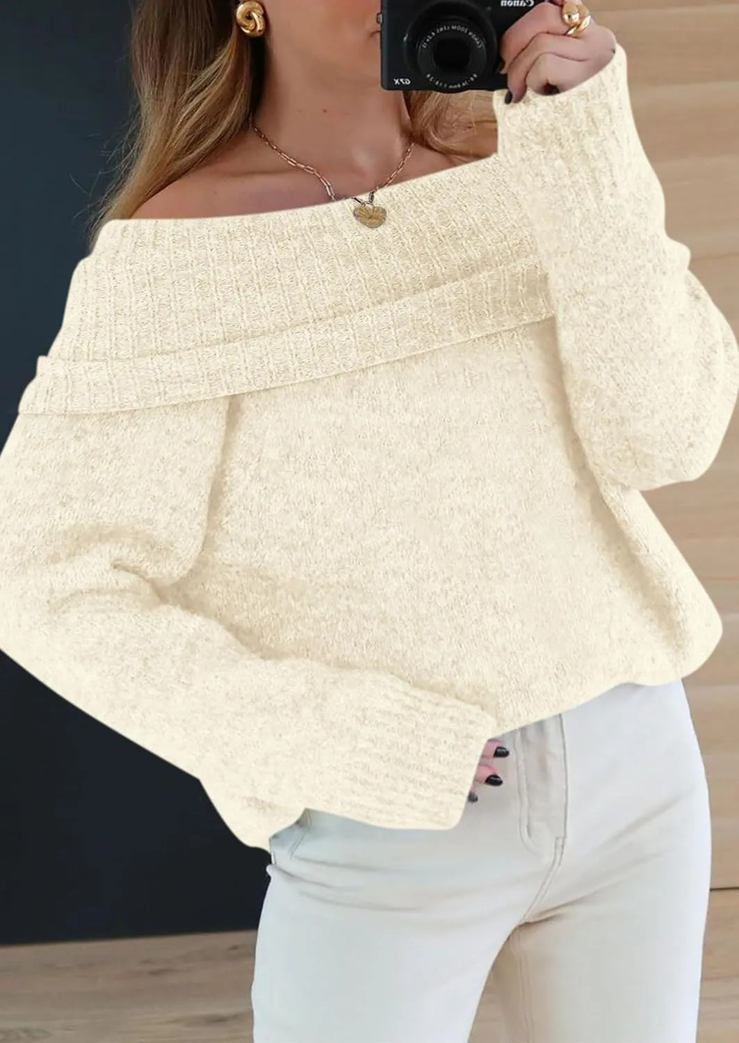 PRETTYGARDEN Women's Sweaters Spring Off The Shoulder Long Sleeve Top 2025 Outfits Loose Knitted Winter Pullover