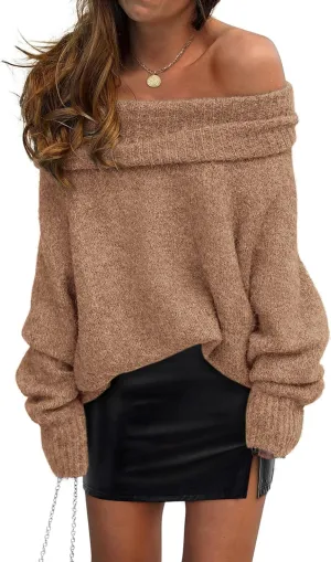 PRETTYGARDEN Women's Sweaters Spring Off The Shoulder Long Sleeve Top 2025 Outfits Loose Knitted Winter Pullover