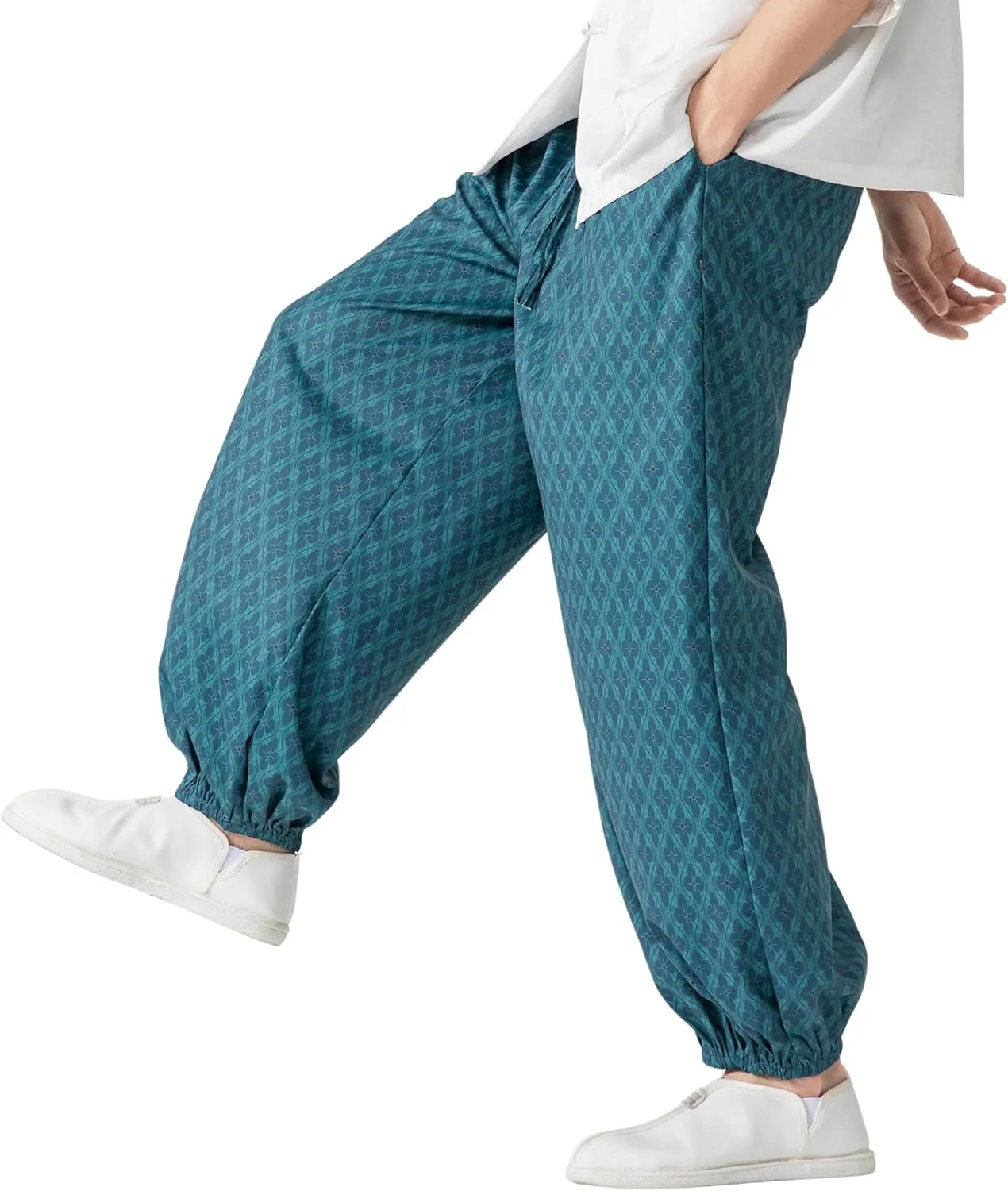 PRIJOUHE Men's Casual Harem Pants Elastic Waist Yoga Pants Lightweight Wide Leg Printed Summer Beach Trouser