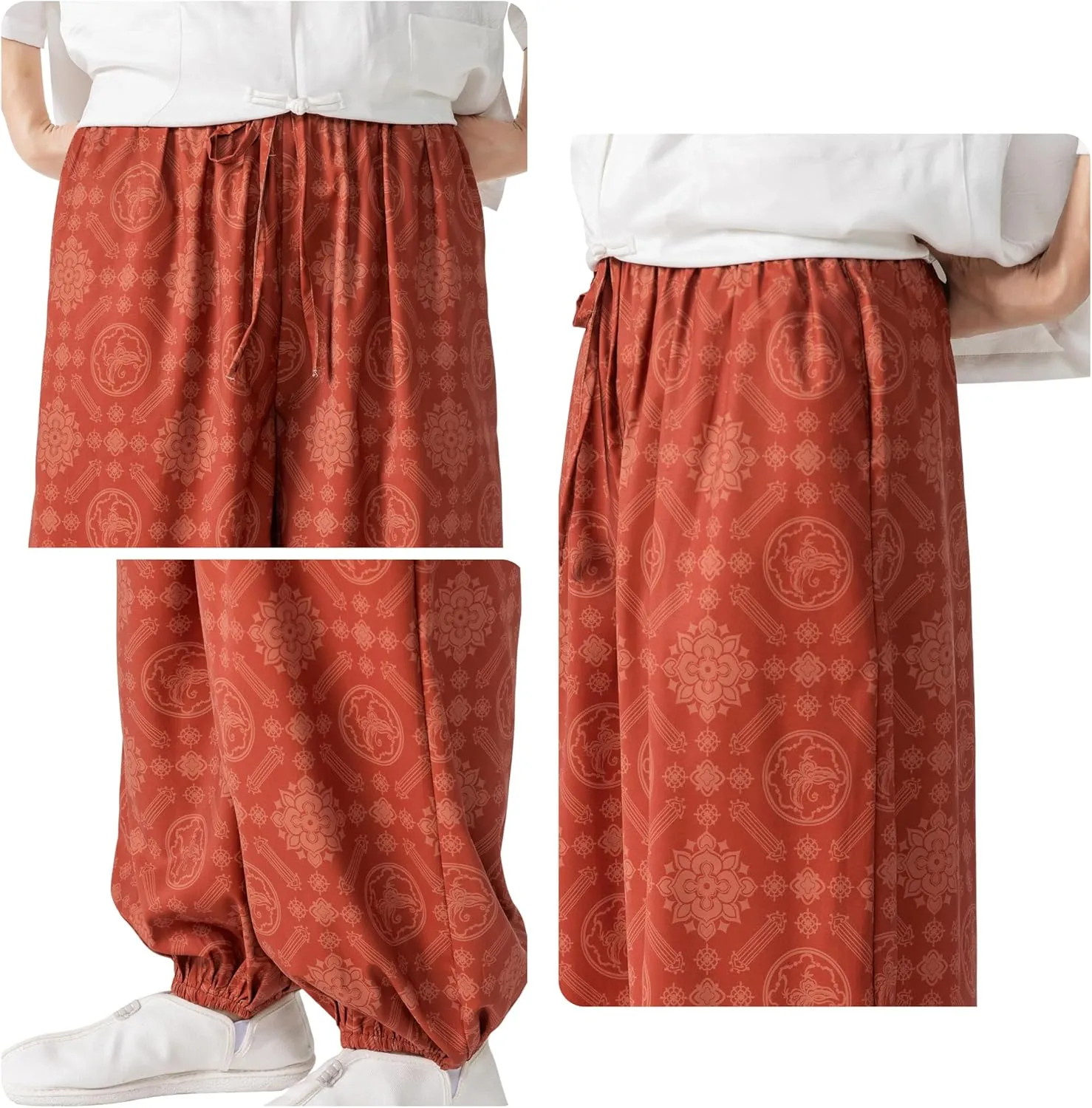 PRIJOUHE Men's Casual Harem Pants Elastic Waist Yoga Pants Lightweight Wide Leg Printed Summer Beach Trouser