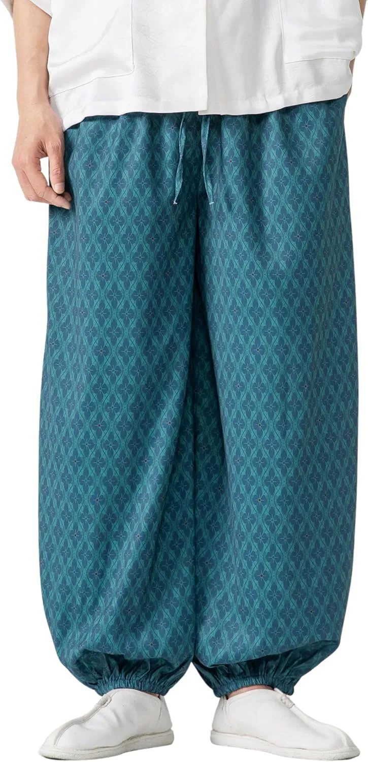 PRIJOUHE Men's Casual Harem Pants Elastic Waist Yoga Pants Lightweight Wide Leg Printed Summer Beach Trouser