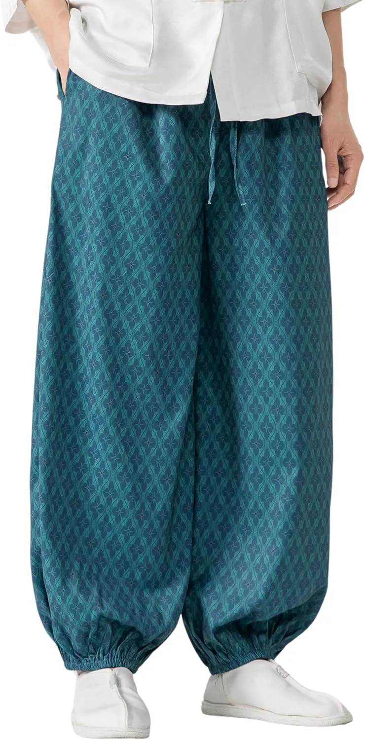 PRIJOUHE Men's Casual Harem Pants Elastic Waist Yoga Pants Lightweight Wide Leg Printed Summer Beach Trouser