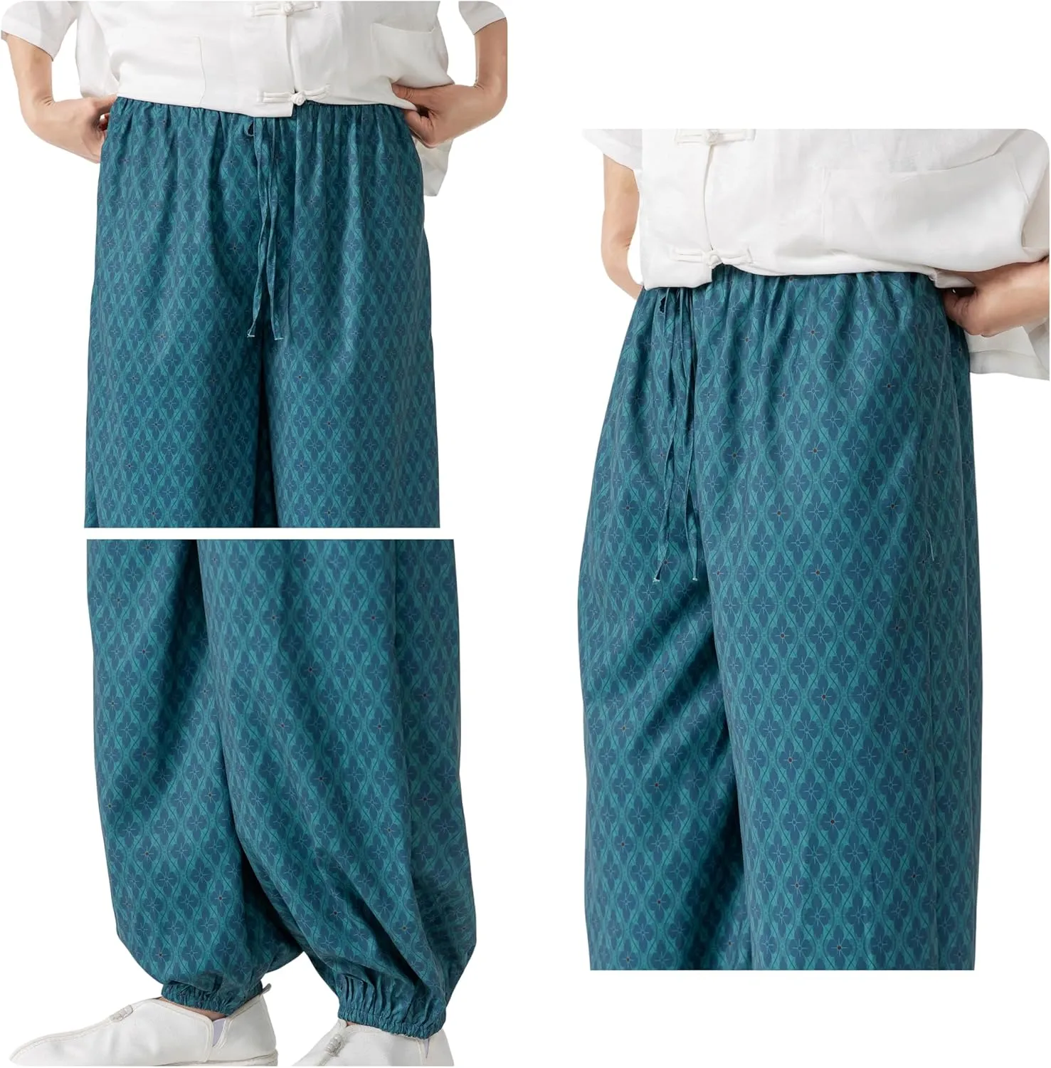 PRIJOUHE Men's Casual Harem Pants Elastic Waist Yoga Pants Lightweight Wide Leg Printed Summer Beach Trouser