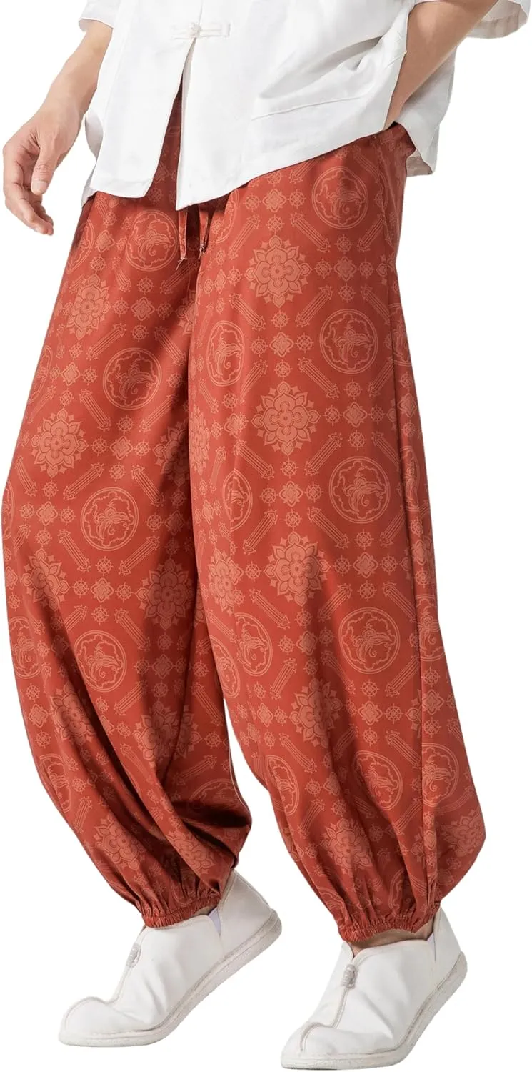 PRIJOUHE Men's Casual Harem Pants Elastic Waist Yoga Pants Lightweight Wide Leg Printed Summer Beach Trouser