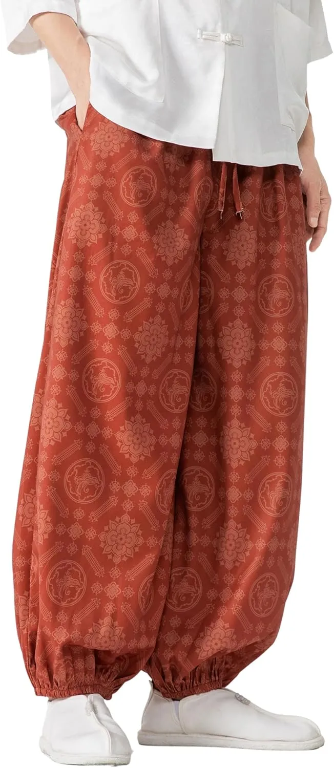 PRIJOUHE Men's Casual Harem Pants Elastic Waist Yoga Pants Lightweight Wide Leg Printed Summer Beach Trouser